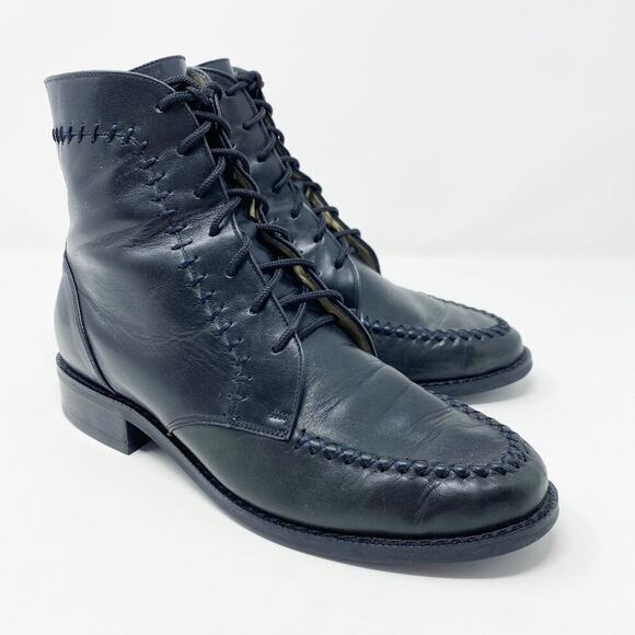 Ariat Black Leather Lace Up Boots Women's Size 8 Topstitch Detail Made In Brazil - Picture 1 of 9